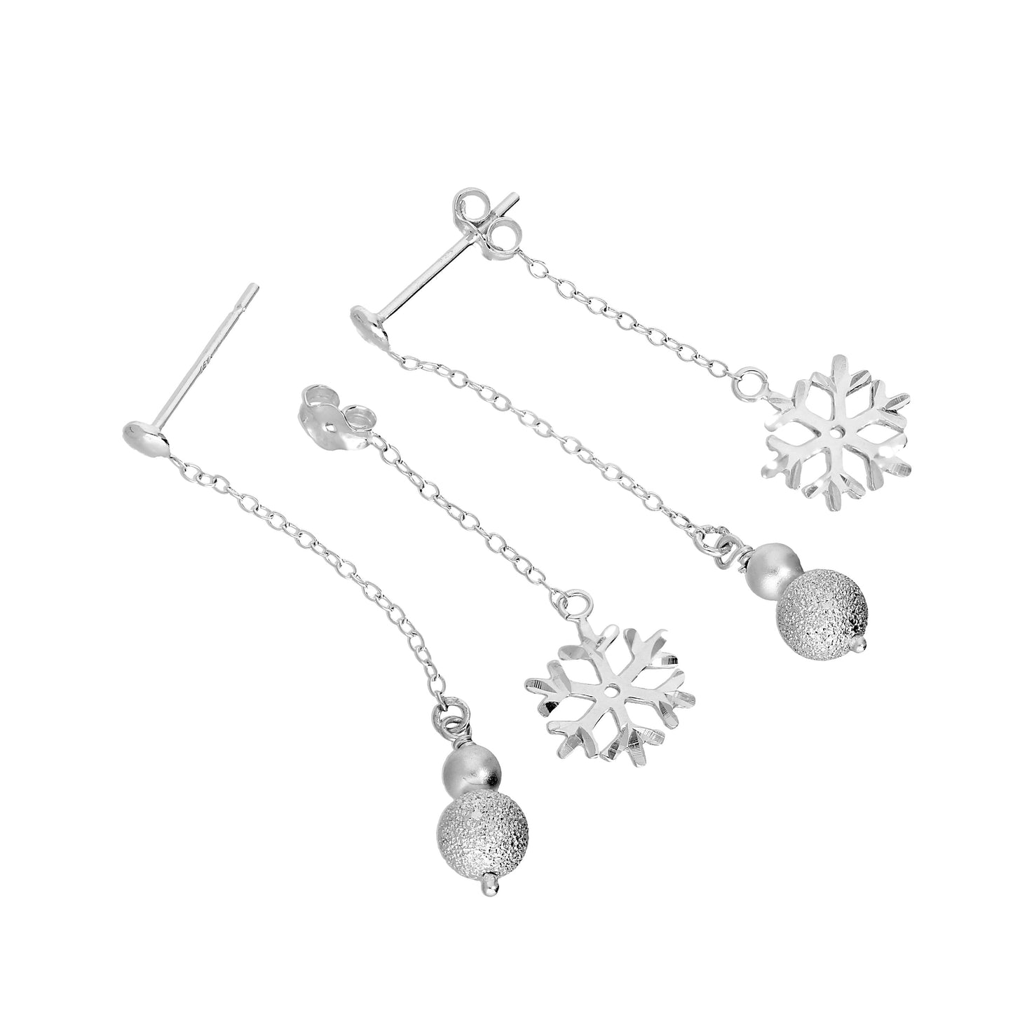 Boucles d'oreilles pendantes en argent sterling avec boule givrée et flocon de neige double face