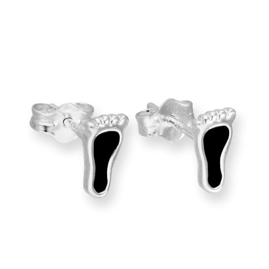 Boucles d'oreilles à tige en argent sterling et émail noir avec empreinte de pied