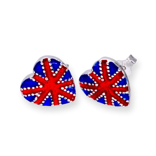 Boucles d'oreilles à tige en argent sterling et émail avec motif Union Jack en forme de cœur