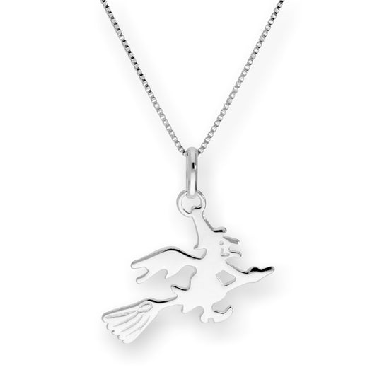 Collier pendentif sorcière sur balai en argent sterling de 35 à 55 cm