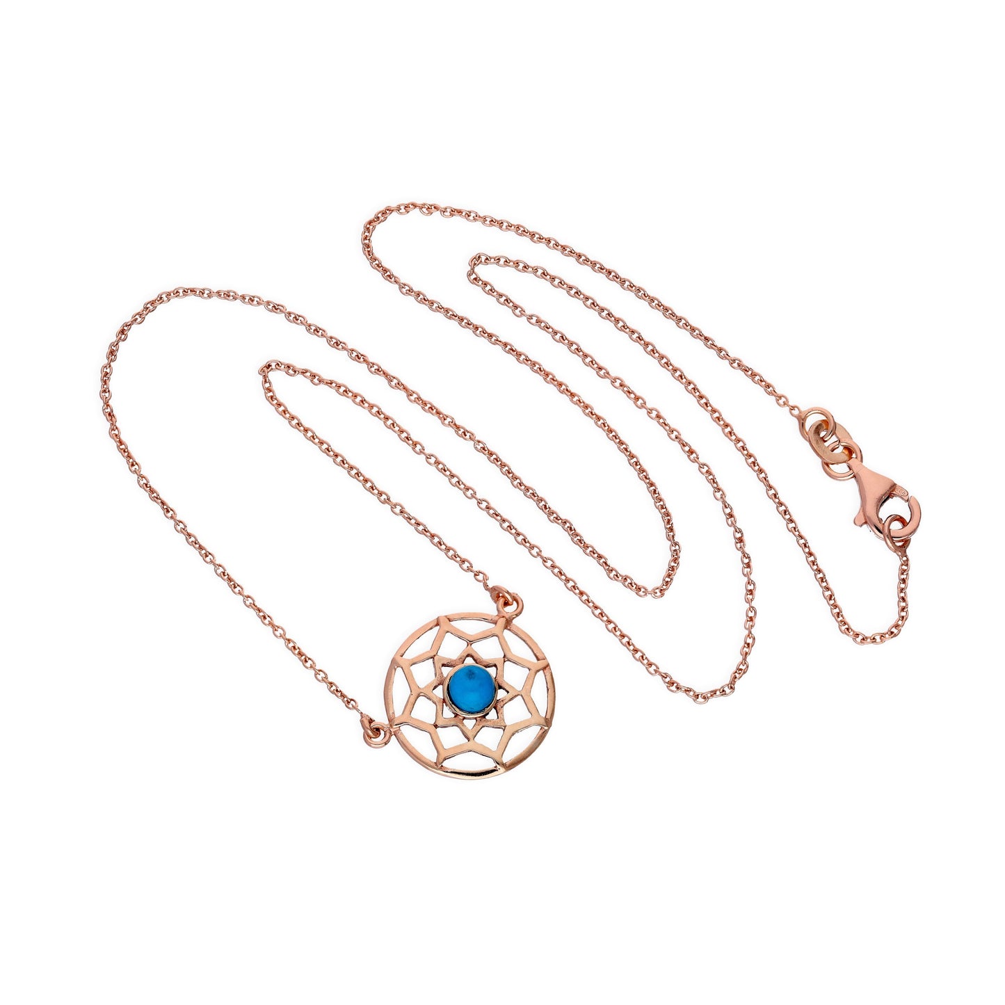 Collier attrape-rêves en argent sterling plaqué or rose et émail bleu avec chaîne de 45 cm
