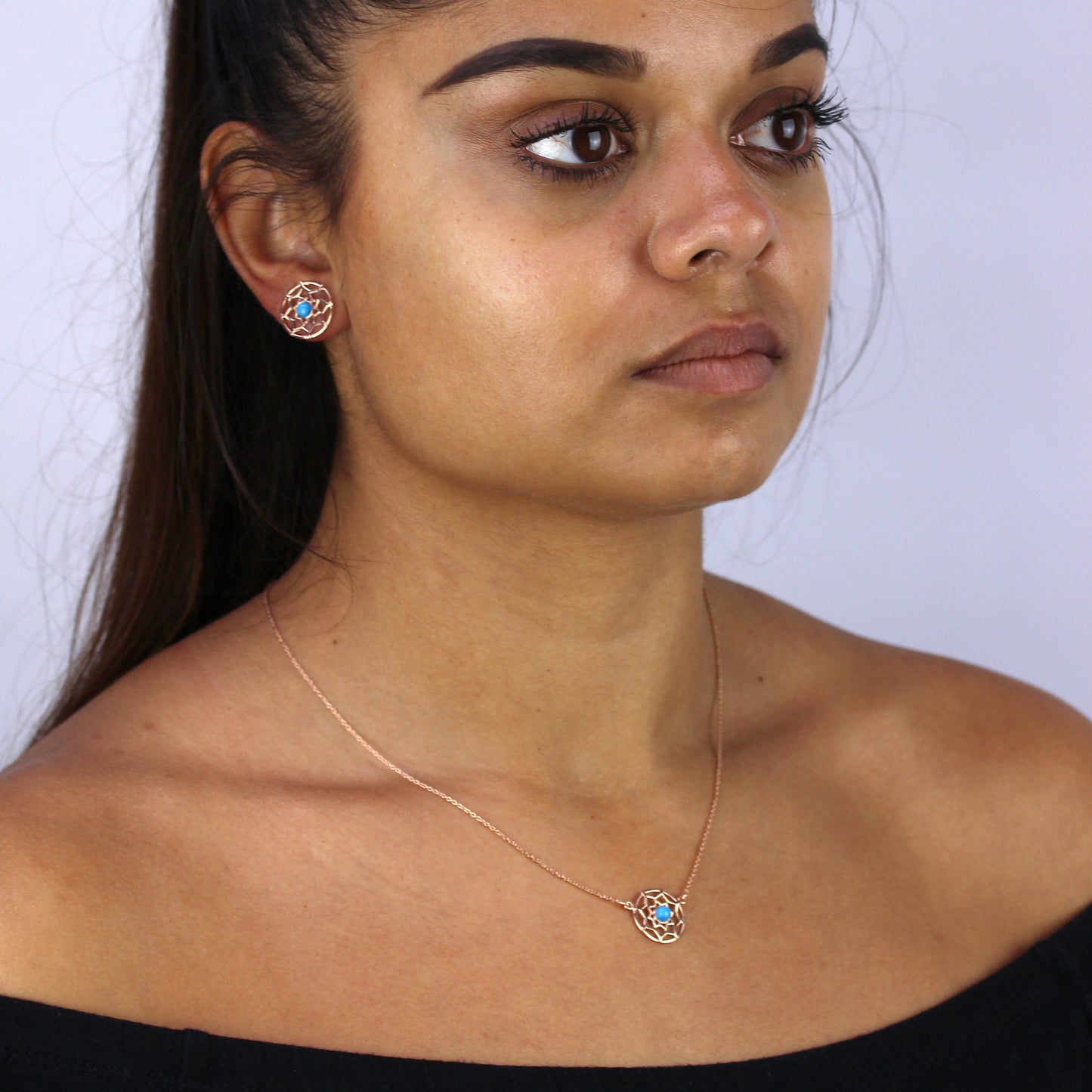 Collier attrape-rêves en argent sterling plaqué or rose et émail bleu avec chaîne de 45 cm