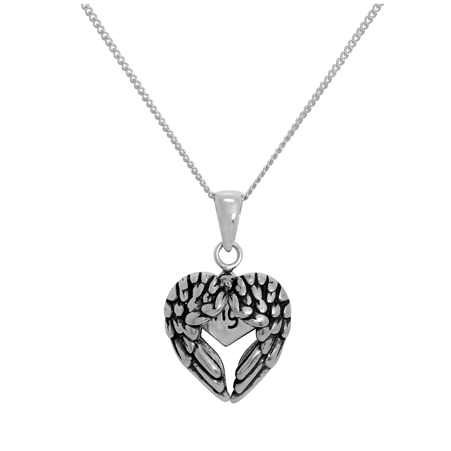 Pendentif en argent sterling avec ailes d'ange ouvrantes et petit cœur à l'intérieur sur chaîne de 35 à 81 cm