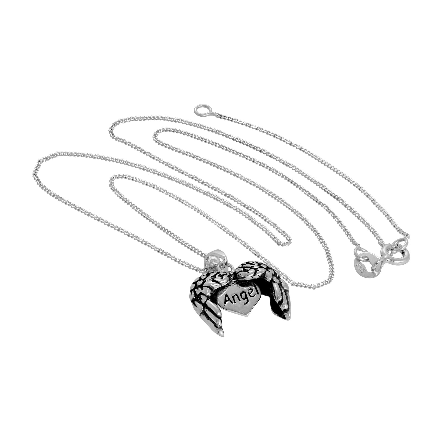 Pendentif en argent sterling avec ailes d'ange ouvrantes et petit cœur à l'intérieur sur chaîne de 35 à 81 cm