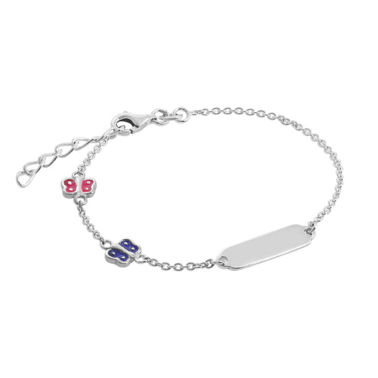 Bracelet d'identification pour femme en argent sterling et émail coloré avec papillons, 18 cm