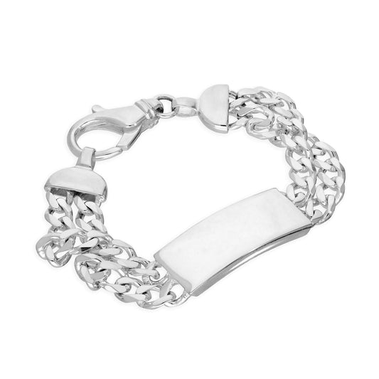 Bracelet d'identification pour homme en argent sterling 14 mm avec double gourmette taillée en diamant, 20 cm