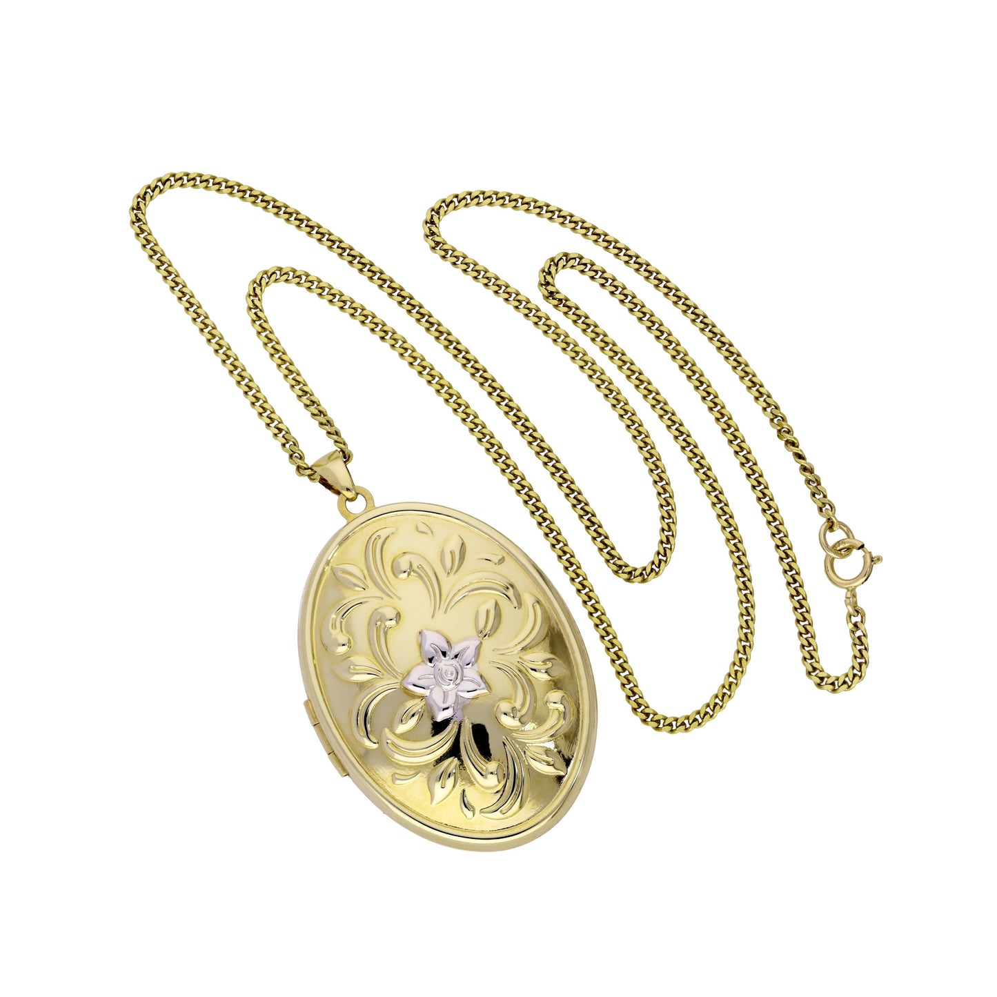 Grand médaillon ovale en or 9 carats avec motif floral en or blanc sur chaîne de 40 à 50 cm