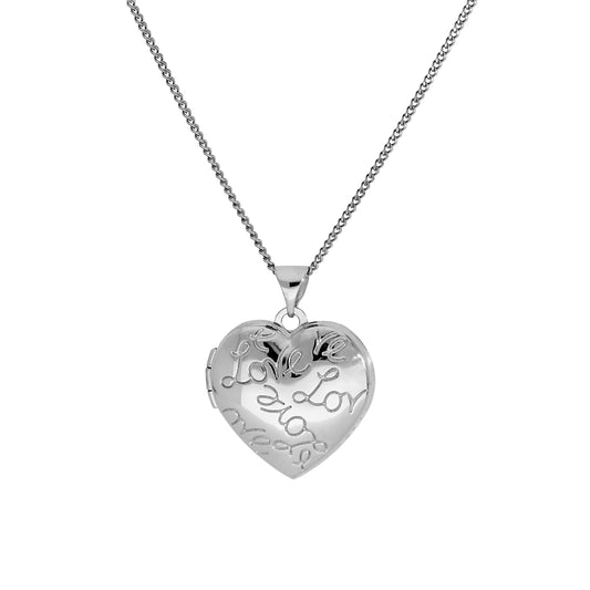 Médaillon en or blanc 9 carats avec pendentif en forme de cœur sur chaîne de 40 à 45 cm