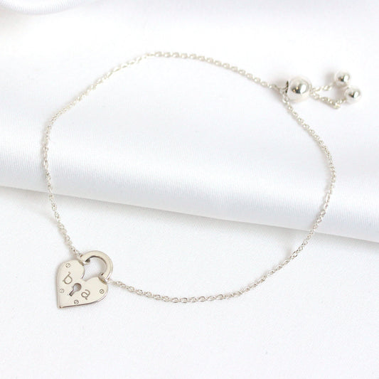 Bracelet personnalisé en argent sterling avec cadenas en forme de cœur et initiales