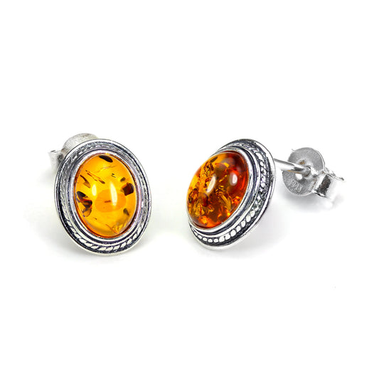 Boucles d'oreilles ovales en argent sterling et ambre de la Baltique
