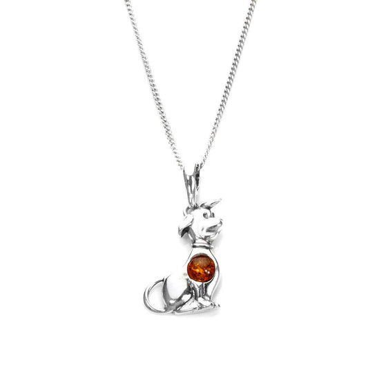 Pendentif chien assis en argent sterling et ambre de la Baltique – 40 à 55 cm