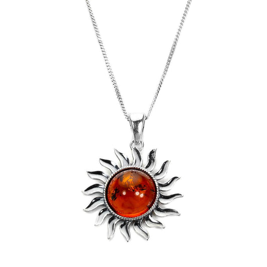 Grand pendentif soleil en argent sterling et ambre de la Baltique - 40 à 55 cm