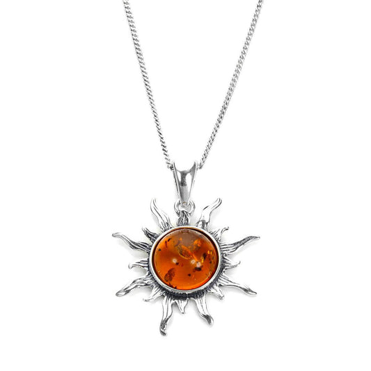 Pendentif soleil flamboyant en argent sterling et ambre de la Baltique - 40 à 55 cm