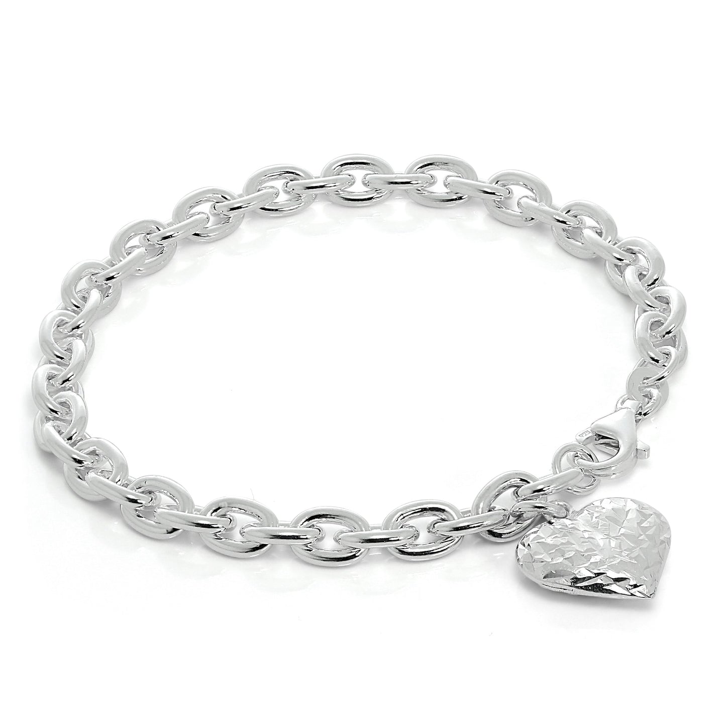 Bracelet à breloques en argent sterling massif avec breloque cœur bombé taille diamant