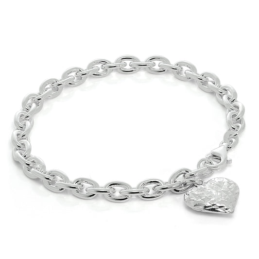 Bracelet à breloques en argent sterling massif avec breloque cœur bombé taille diamant