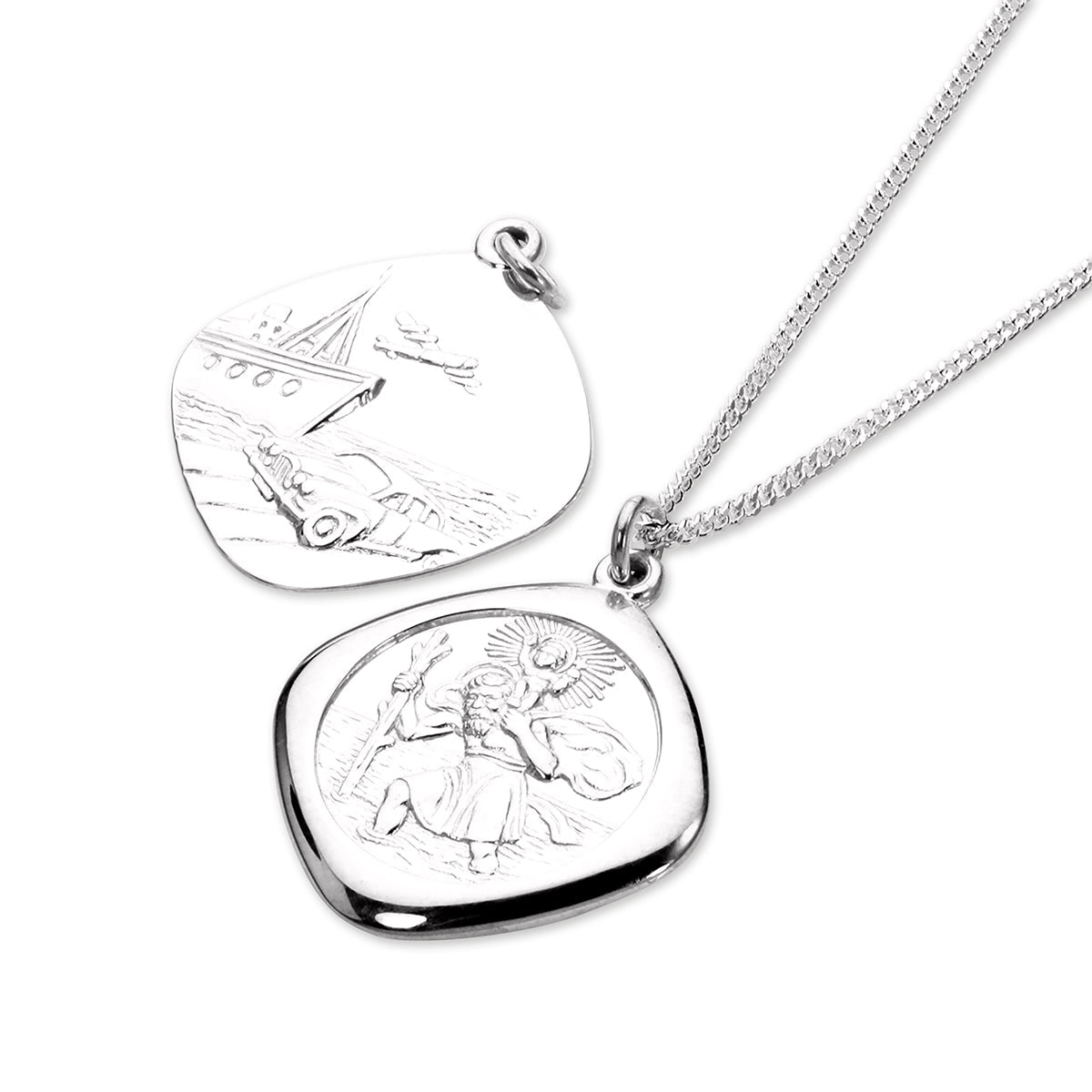 Grand pendentif réversible carré Saint-Christophe en argent sterling - 40 à 61 cm