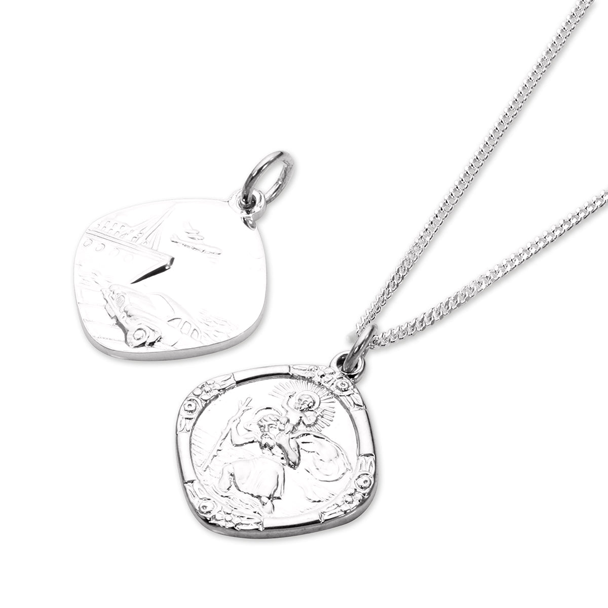 Pendentif Saint-Christophe carré réversible en argent sterling de taille moyenne (40 à 55 cm)