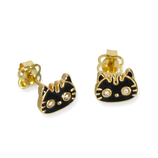 Boucles d'oreilles à tige en or 9 carats, émail noir et cristal CZ transparent, tête de chat