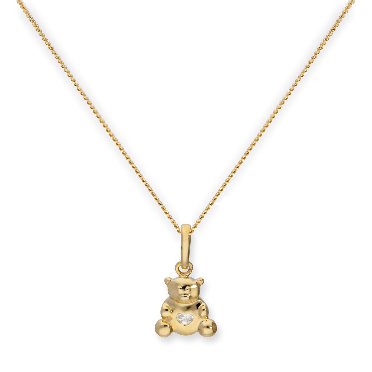 Collier avec pendentif en forme d'ours en peluche en or 9 carats et cœur en cristal CZ transparent, 40 à 50 cm