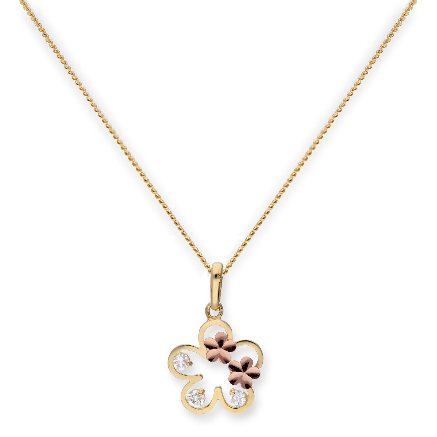 Pendentif en or 9 carats et cristal CZ transparent avec contour de fleur et fleurs en or rose