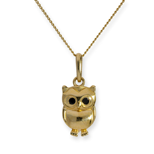 Collier avec pendentif hibou en or 9 carats et cristal CZ noir, 40 à 50 cm