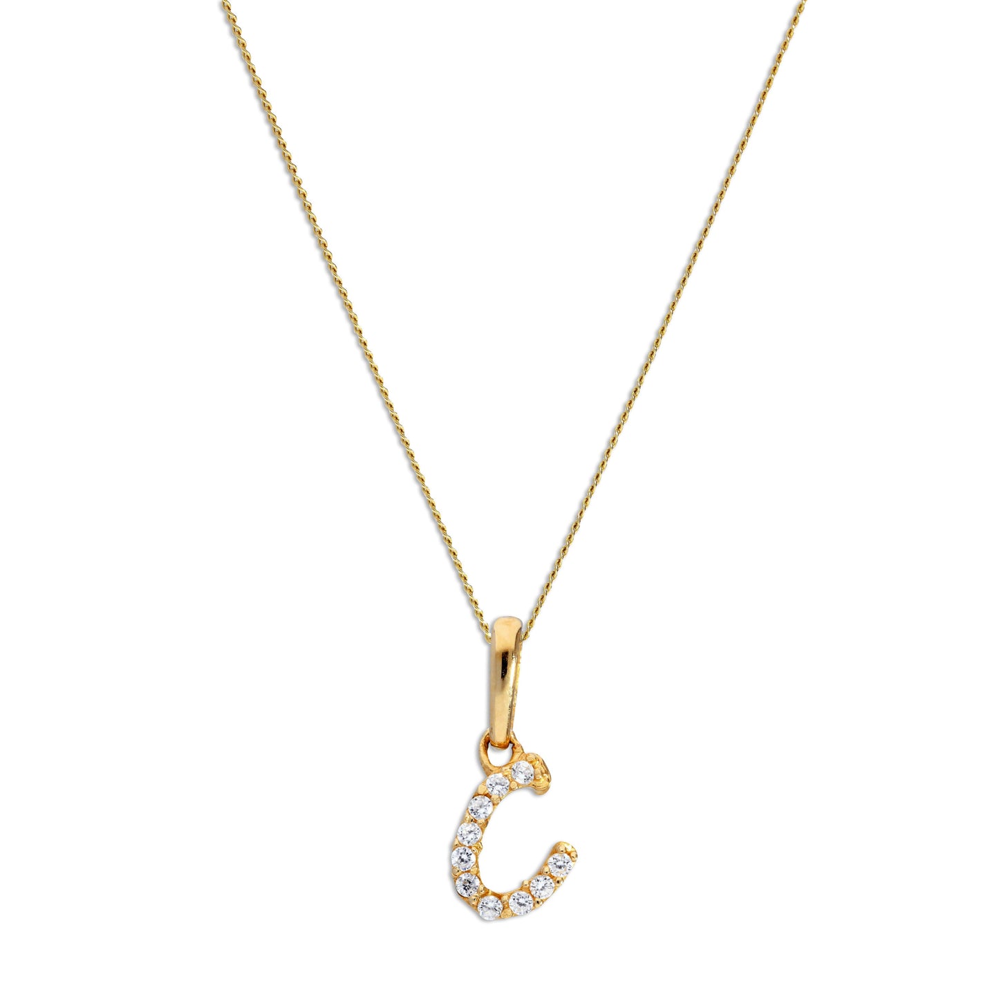 Pendentif lettre C en or 9 carats et cristal CZ transparent sur chaîne de 40 à 50 cm