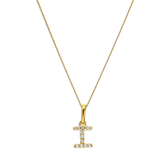 Pendentif lettre I en or 9 carats et cristal CZ transparent sur chaîne de 40 à 50 cm