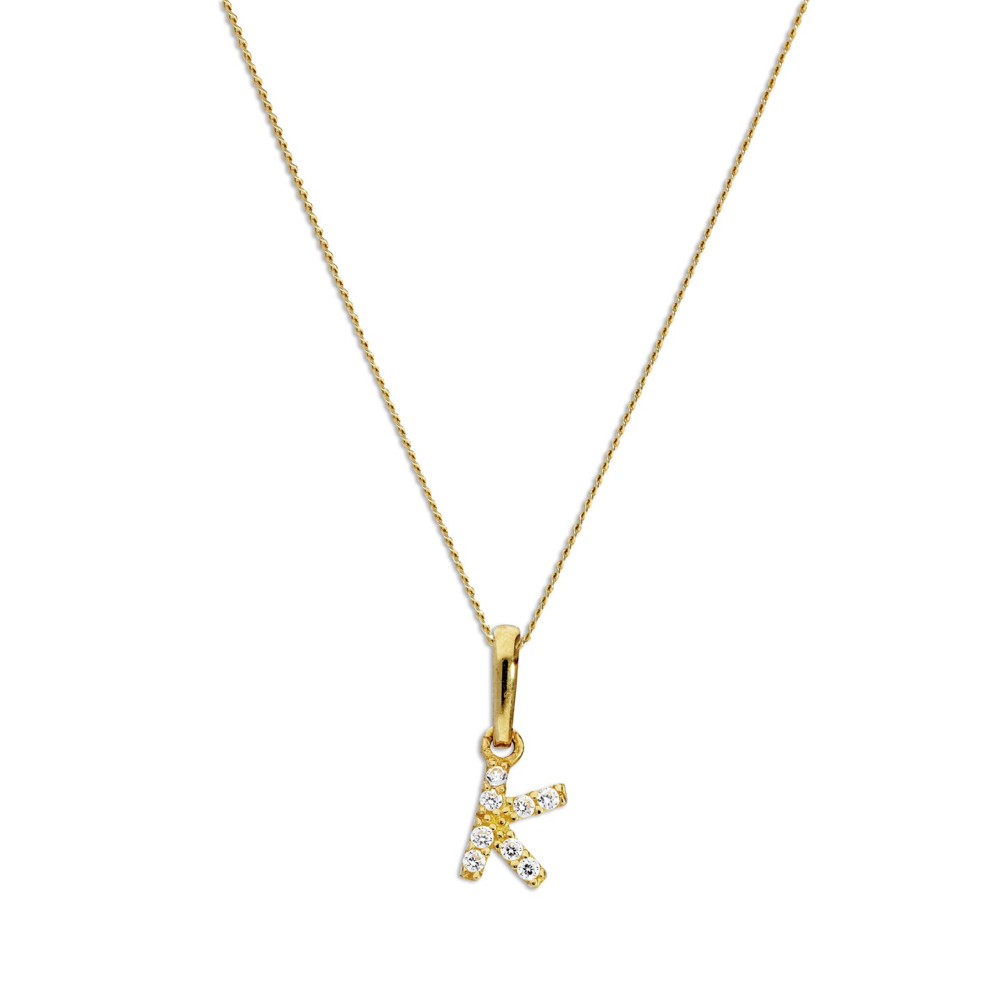 Pendentif lettre K en or 9 carats et cristal CZ transparent sur chaîne de 40 à 50 cm