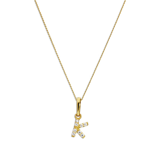 Pendentif lettre K en or 9 carats et cristal CZ transparent sur chaîne de 40 à 50 cm