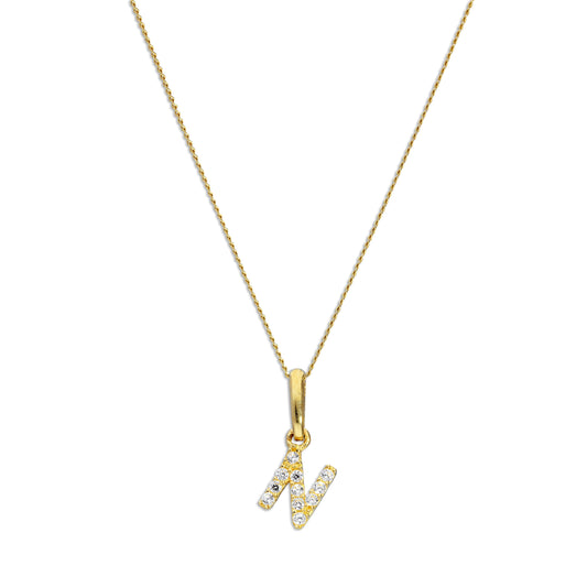 Pendentif lettre N en or 9 carats et cristal CZ transparent sur chaîne de 40 à 50 cm