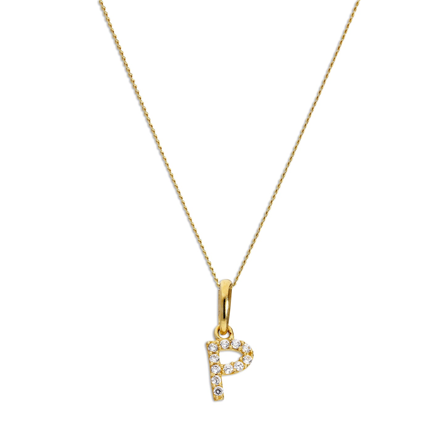 Pendentif lettre P en or 9 carats et cristal CZ transparent sur chaîne de 40 à 50 cm