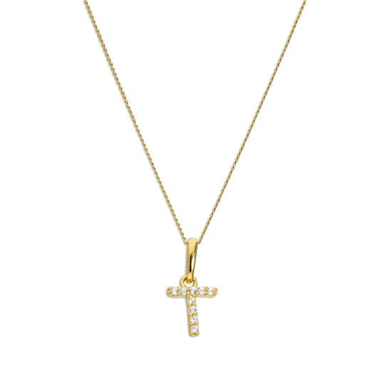 Pendentif lettre T en or 9 carats et cristal CZ transparent sur chaîne de 40 à 50 cm