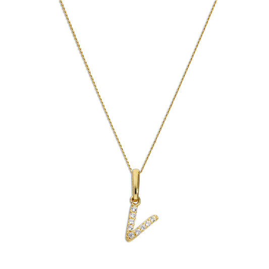 Pendentif lettre V en or 9 carats et cristal CZ transparent sur chaîne de 40 à 50 cm