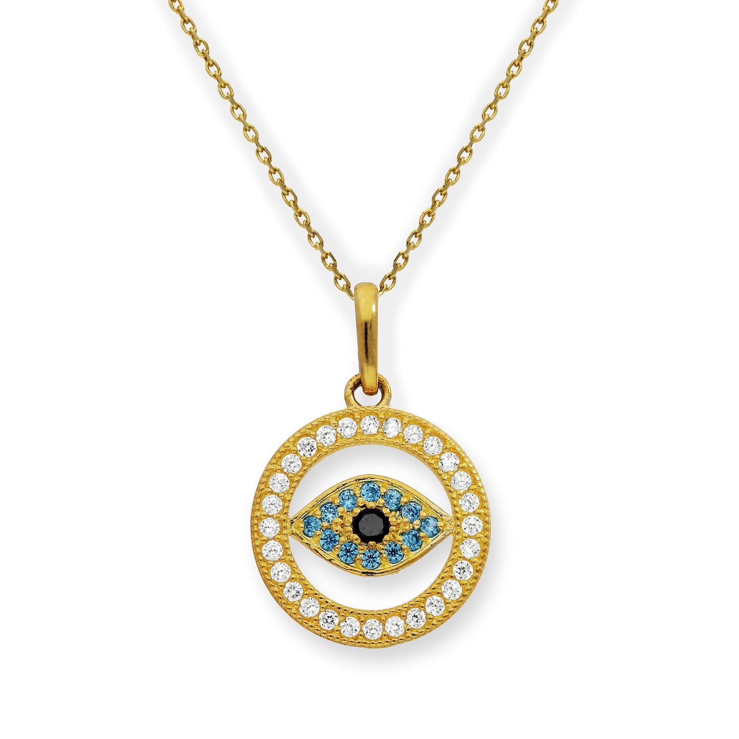 Collier avec pendentif cercle en or 9 carats et cristal CZ contre le mauvais œil