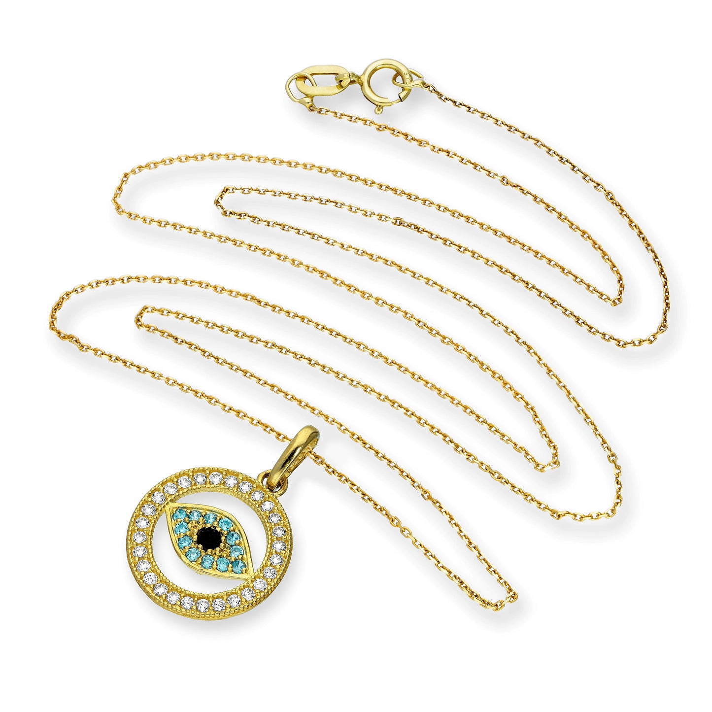 Collier avec pendentif cercle en or 9 carats et cristal CZ contre le mauvais œil