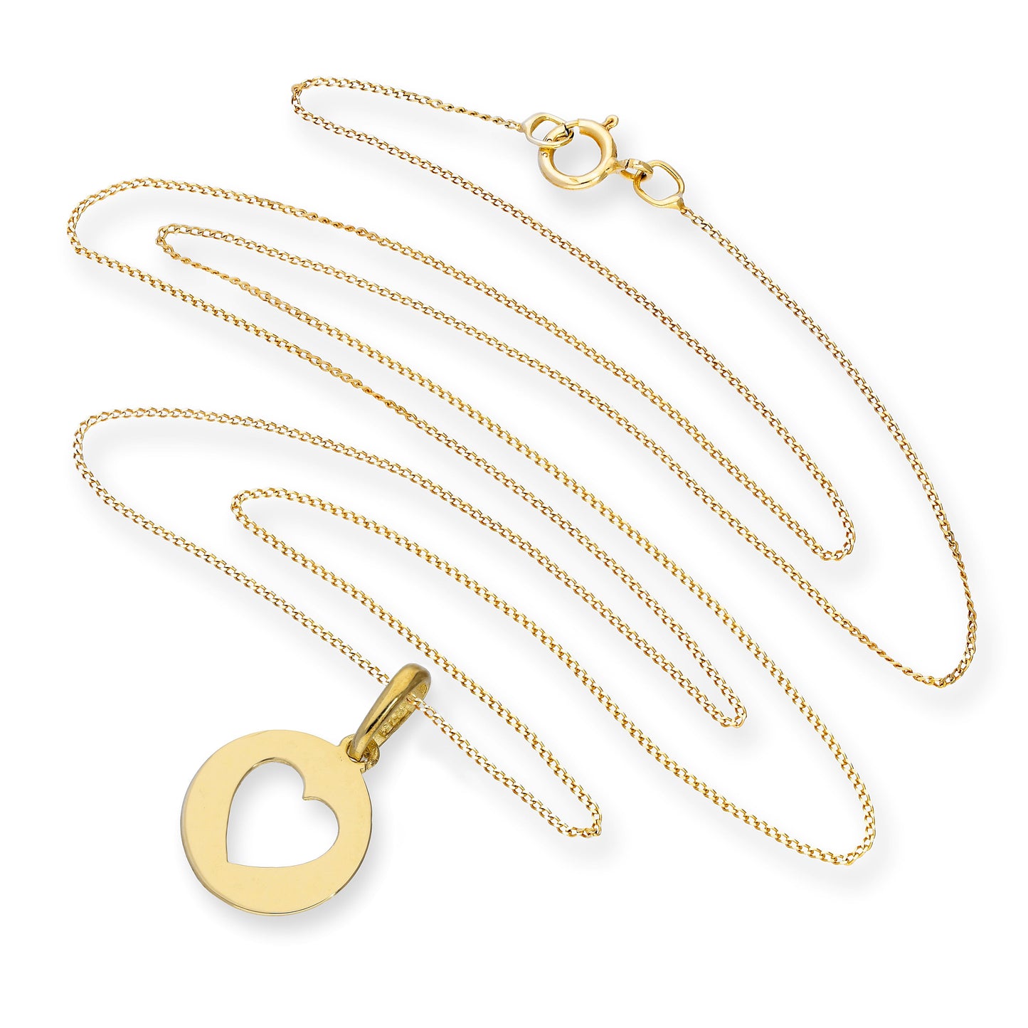 Pendentif rond en or 9 carats avec cœur découpé sur chaîne
