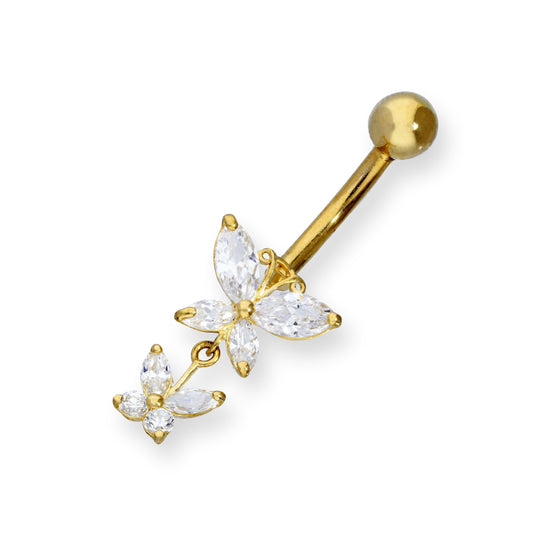 Piercing nombril en or 9 carats et double boule en cristal CZ transparent