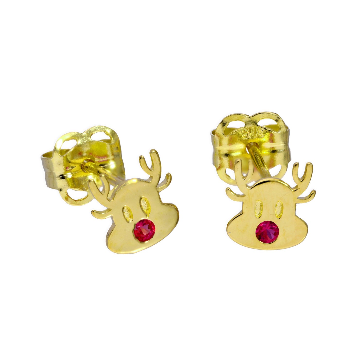 Boucles d'oreilles à tige Rudolph le renne au nez rouge en or 9 carats et cristal CZ rubis