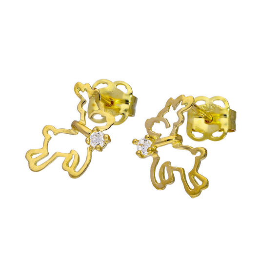 Boucles d'oreilles à tige en or 9 carats et cristal CZ transparent en forme de renne volant