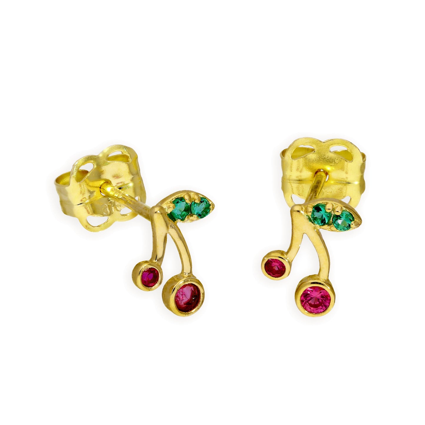 Boucles d'oreilles à tige en or 9 carats avec cristaux CZ verts et rouges en forme de cerises