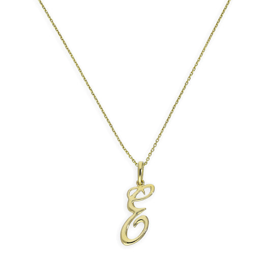 Collier avec pendentif en or 9 carats, lettre E, calligraphie fantaisie, 40 à 50 cm