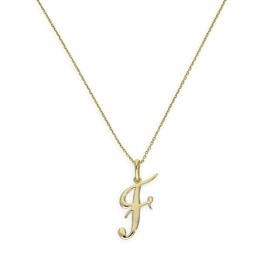 Collier avec pendentif en or 9 carats, lettre F, calligraphie fantaisie, 40 à 50 cm
