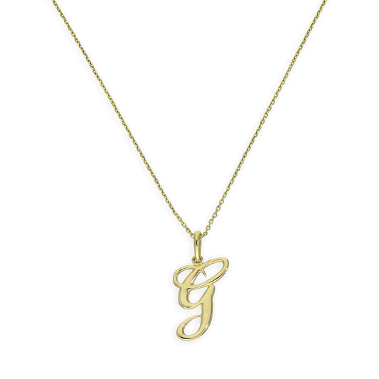 Collier avec pendentif en or 9 carats, lettre G, calligraphie fantaisie, 40 à 50 cm