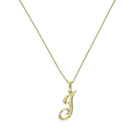 Collier avec pendentif en or 9 carats, lettre J, calligraphie fantaisie, 40 à 50 cm