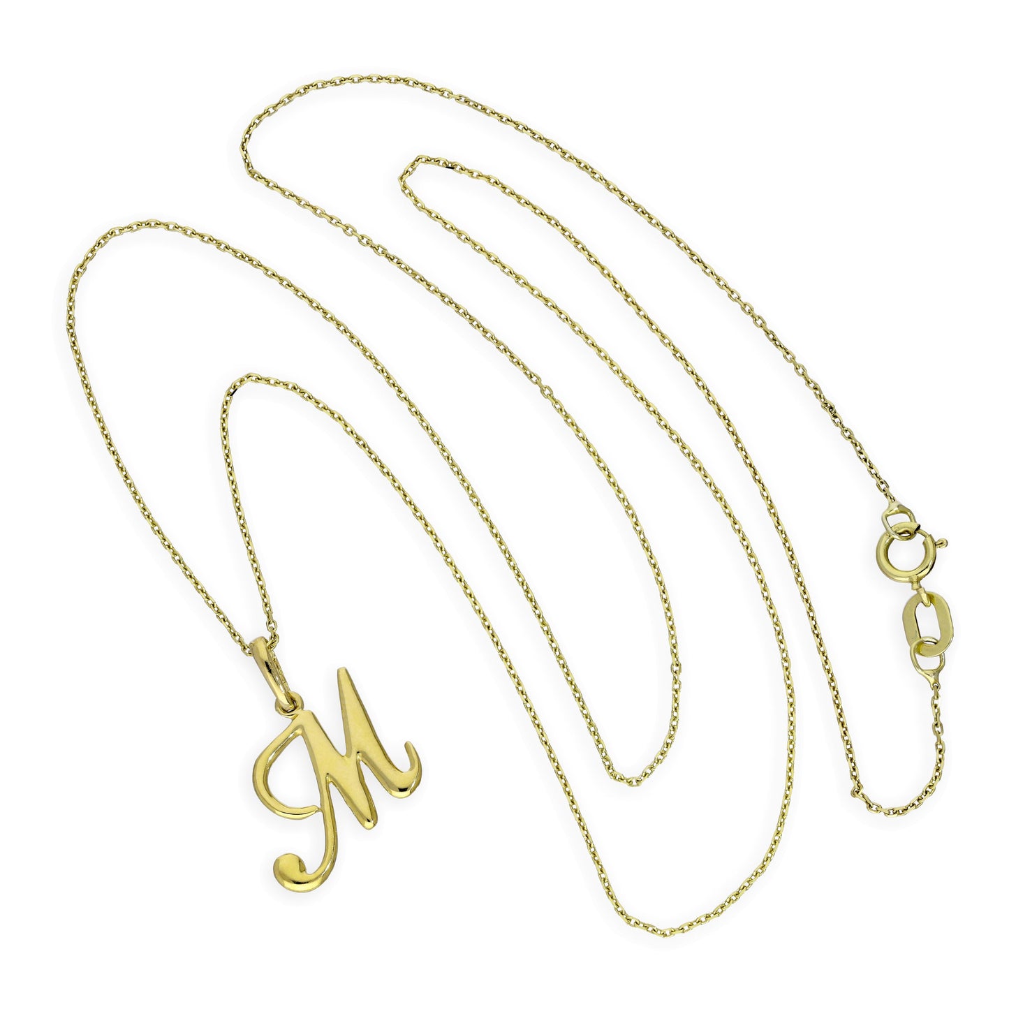 Collier avec pendentif en or 9 carats, lettre M, calligraphie fantaisie, 40 à 50 cm