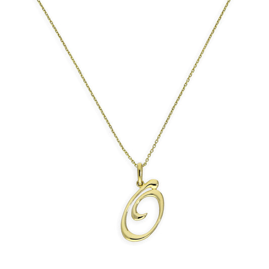 Collier avec pendentif en or 9 carats, motif calligraphie fantaisie, lettre O, 40 à 50 cm