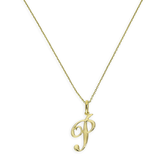 Collier avec pendentif en or 9 carats, lettre P, calligraphie fantaisie, 40 à 50 cm