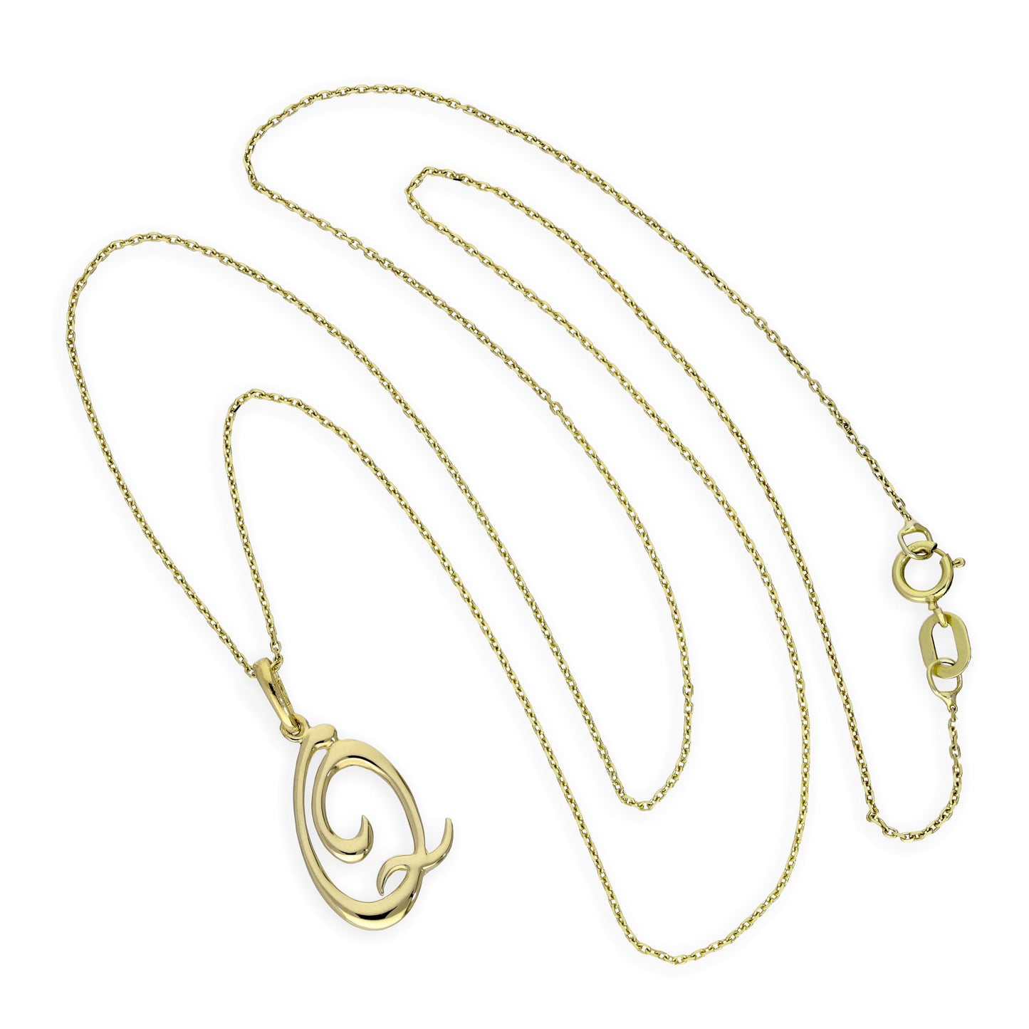 Collier avec pendentif en or 9 carats, lettre Q, calligraphie fantaisie, 40 à 50 cm