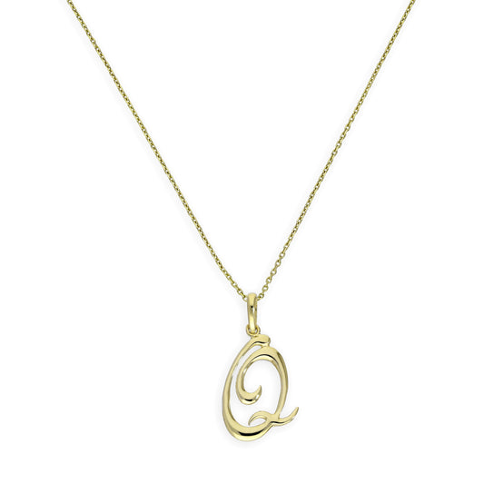 Collier avec pendentif en or 9 carats, lettre Q, calligraphie fantaisie, 40 à 50 cm
