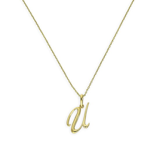 Collier avec pendentif en or 9 carats, lettre U, calligraphie fantaisie, 40 à 50 cm